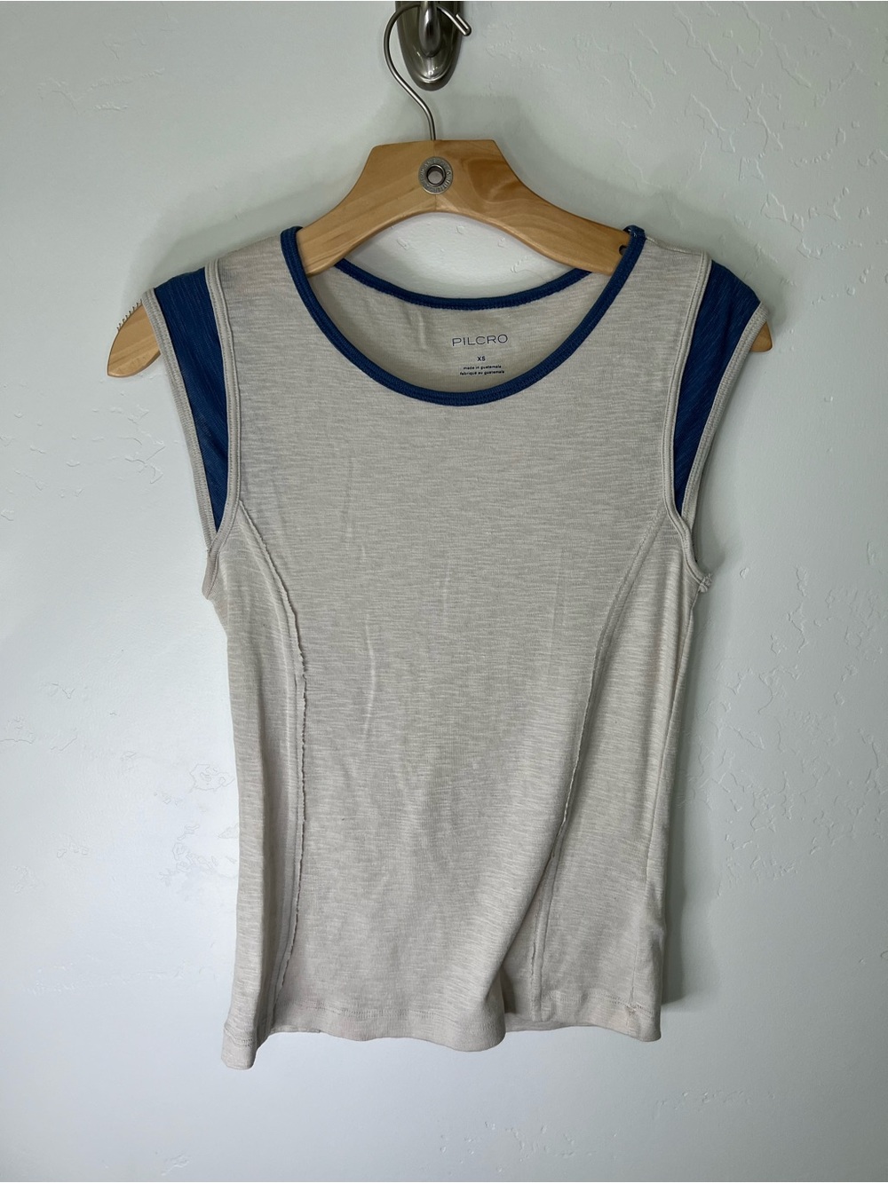 Pilcro Beige Cap Sleeve Top with Blue Trim